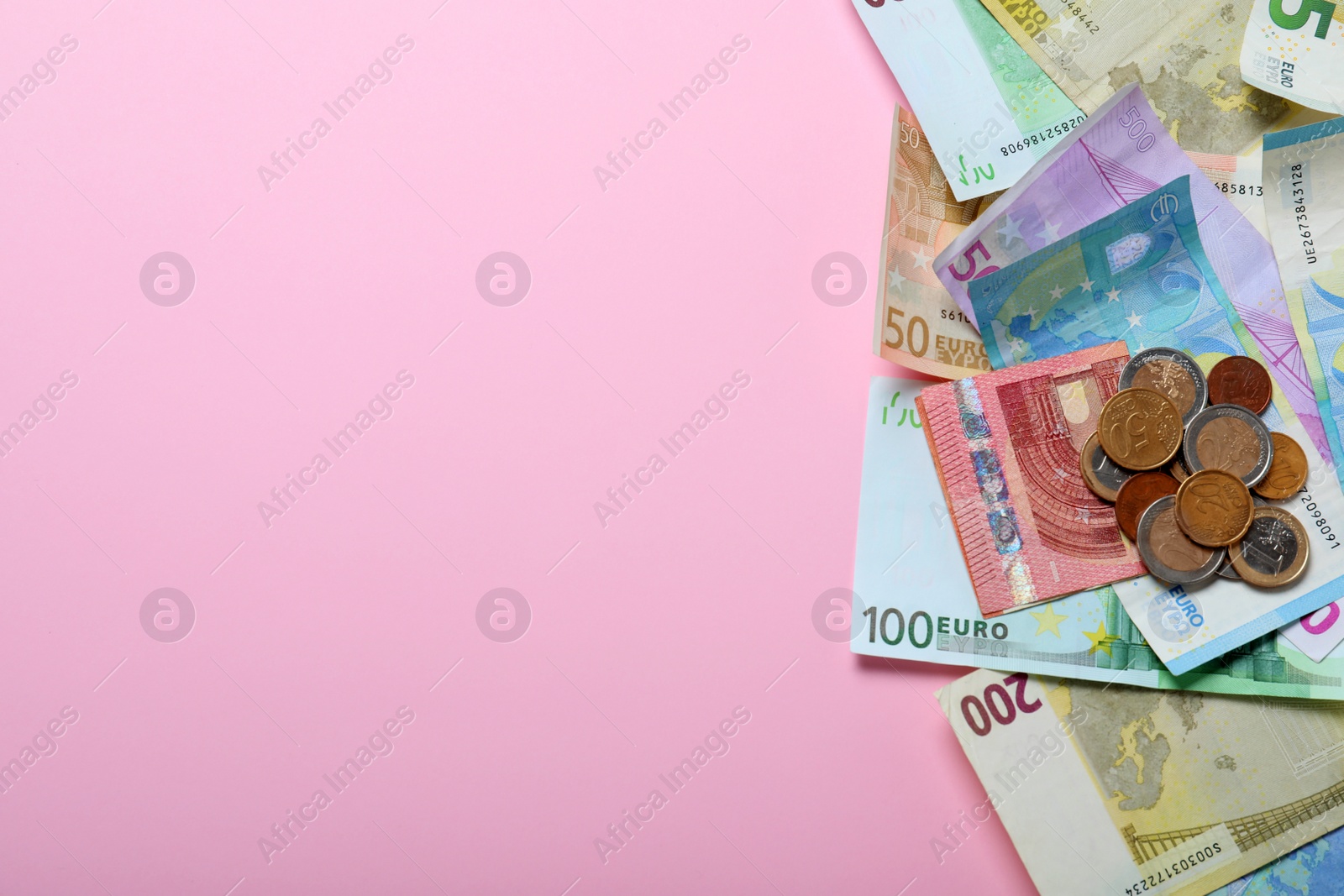 Image of Money on pink background, flat lay. Space for text 