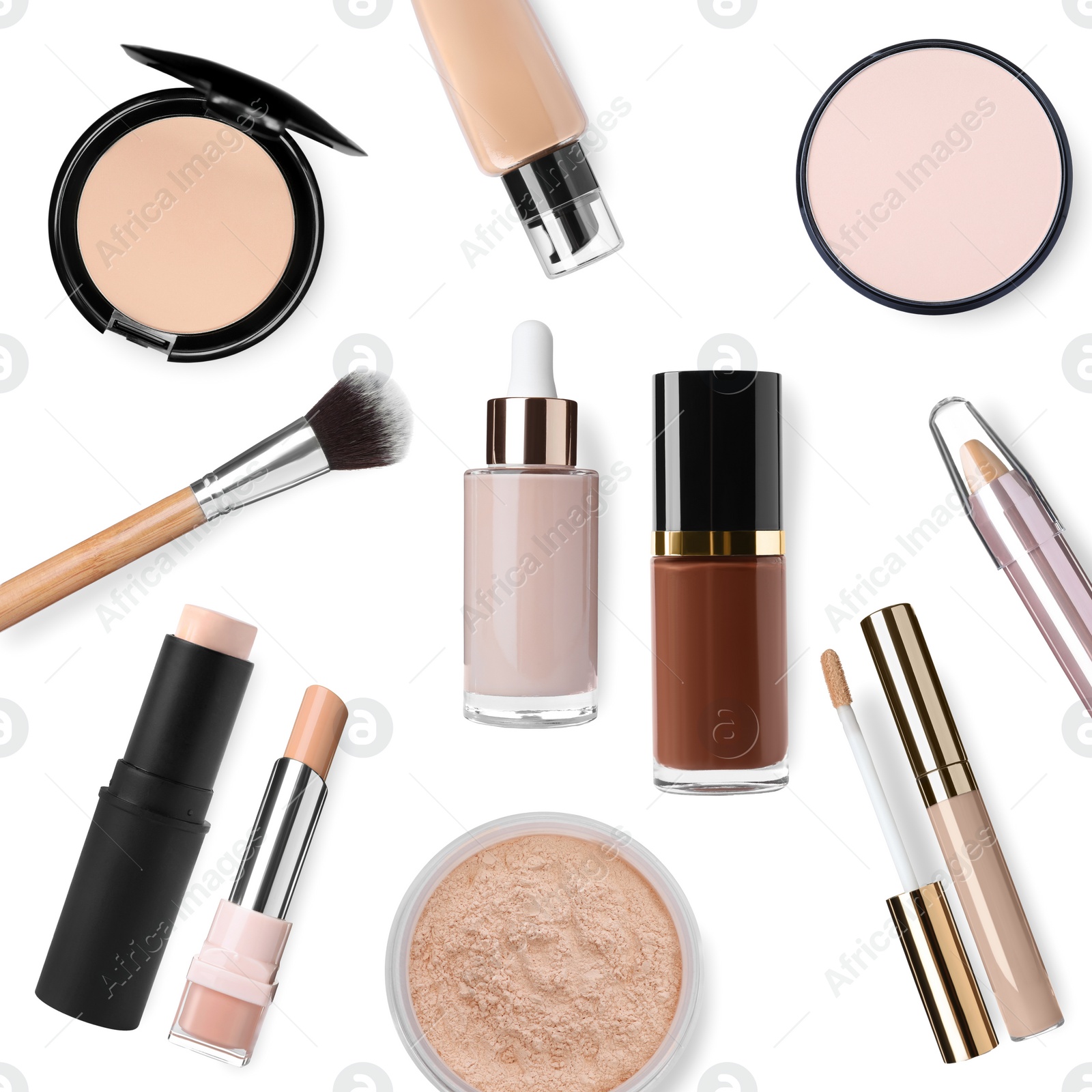 Image of Face powders, concealers, liquid foundations and brush isolated on white. Collectionmakeup products