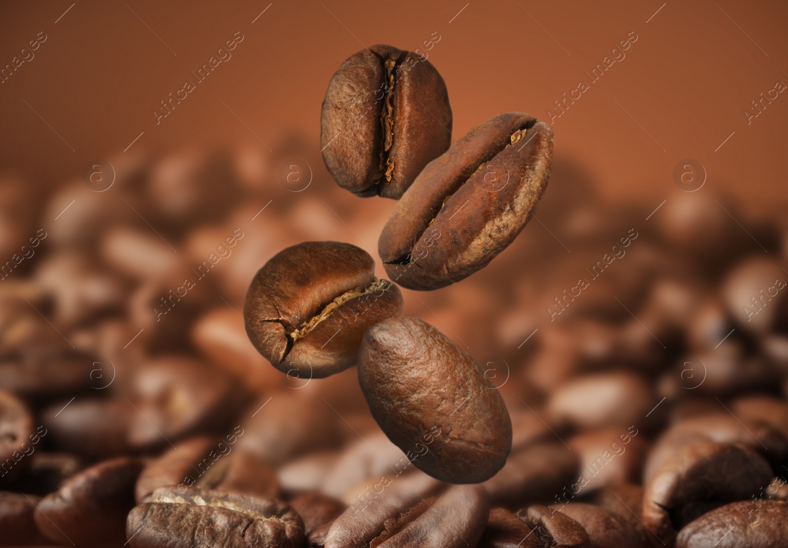 Image of Falling aromatic roasted coffee beans, closeup view