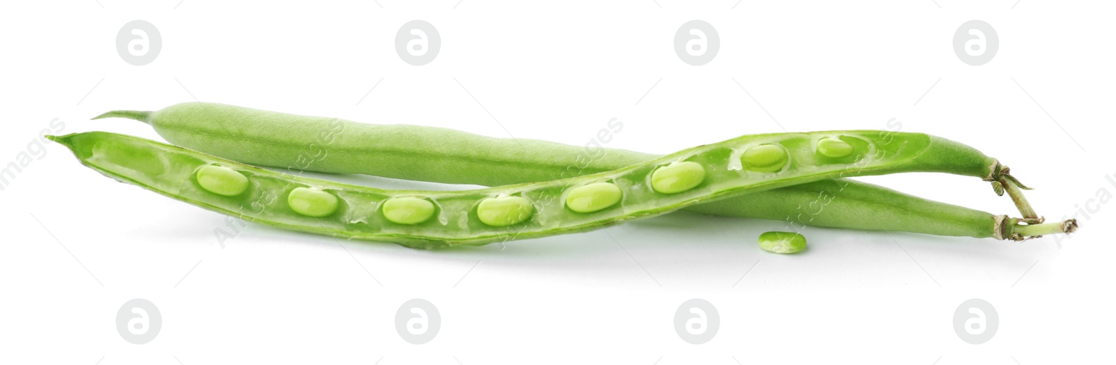 Photo of Delicious fresh green beans on white background