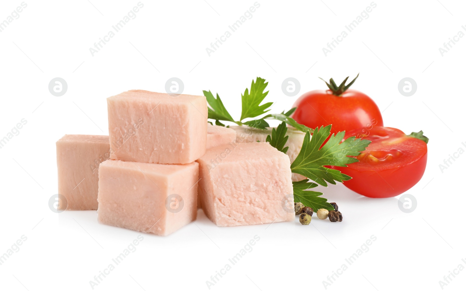 Photo of Tasty ham with cherry tomatoes, parsley and pepper isolated on white