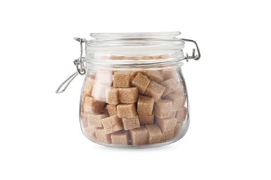 Photo of Glass jar of brown sugar cubes isolated on white