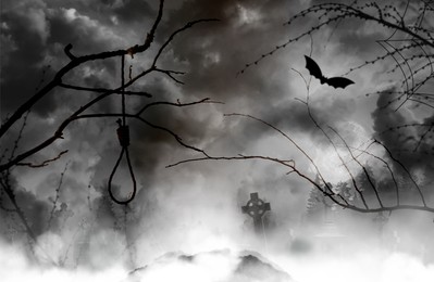 Image of Rope noose with knot and misty cemetery in night