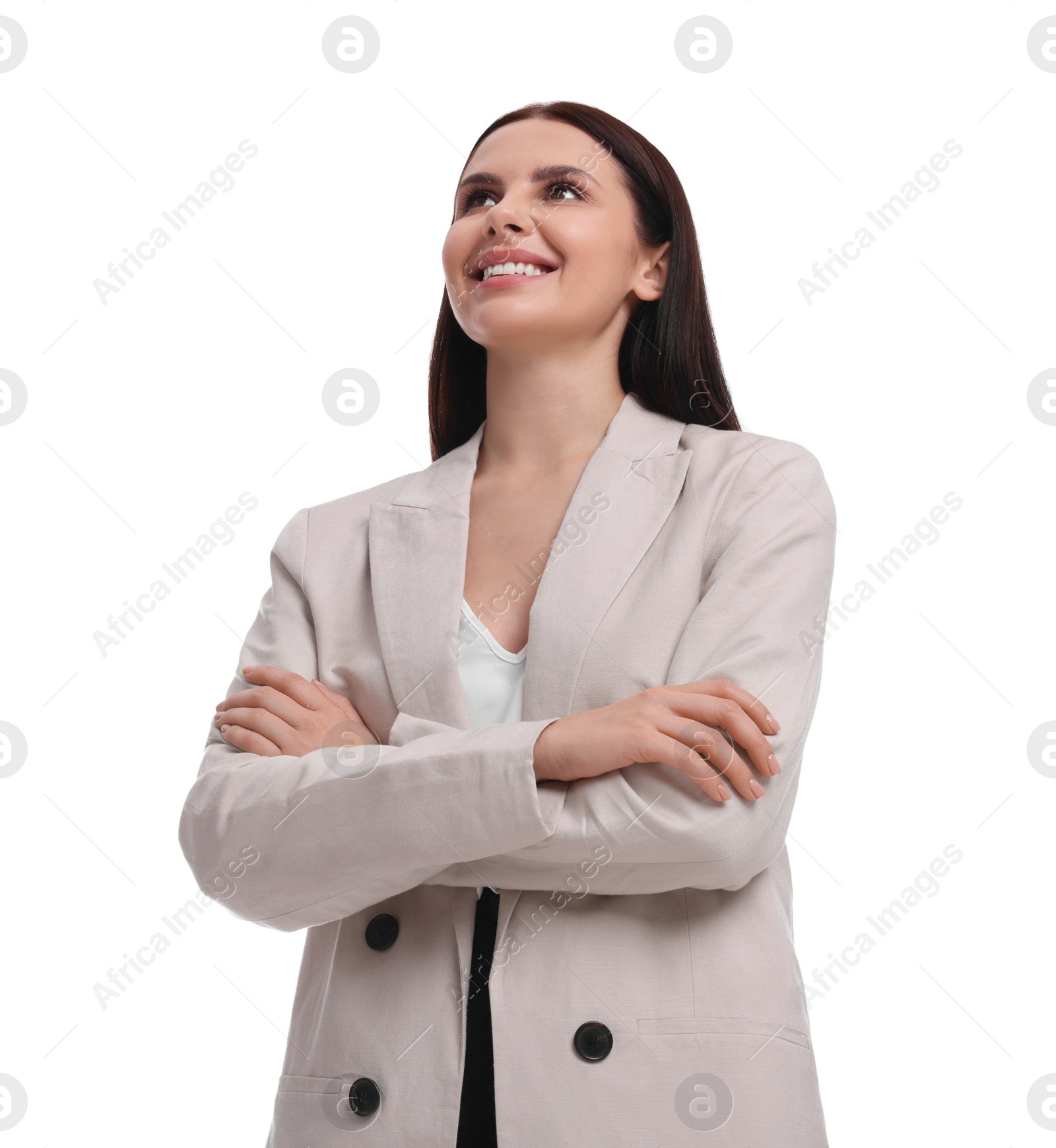 Photo of Beautiful businesswoman in suit on white background, low angle view