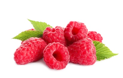 Delicious ripe sweet raspberries with leaves isolated on white