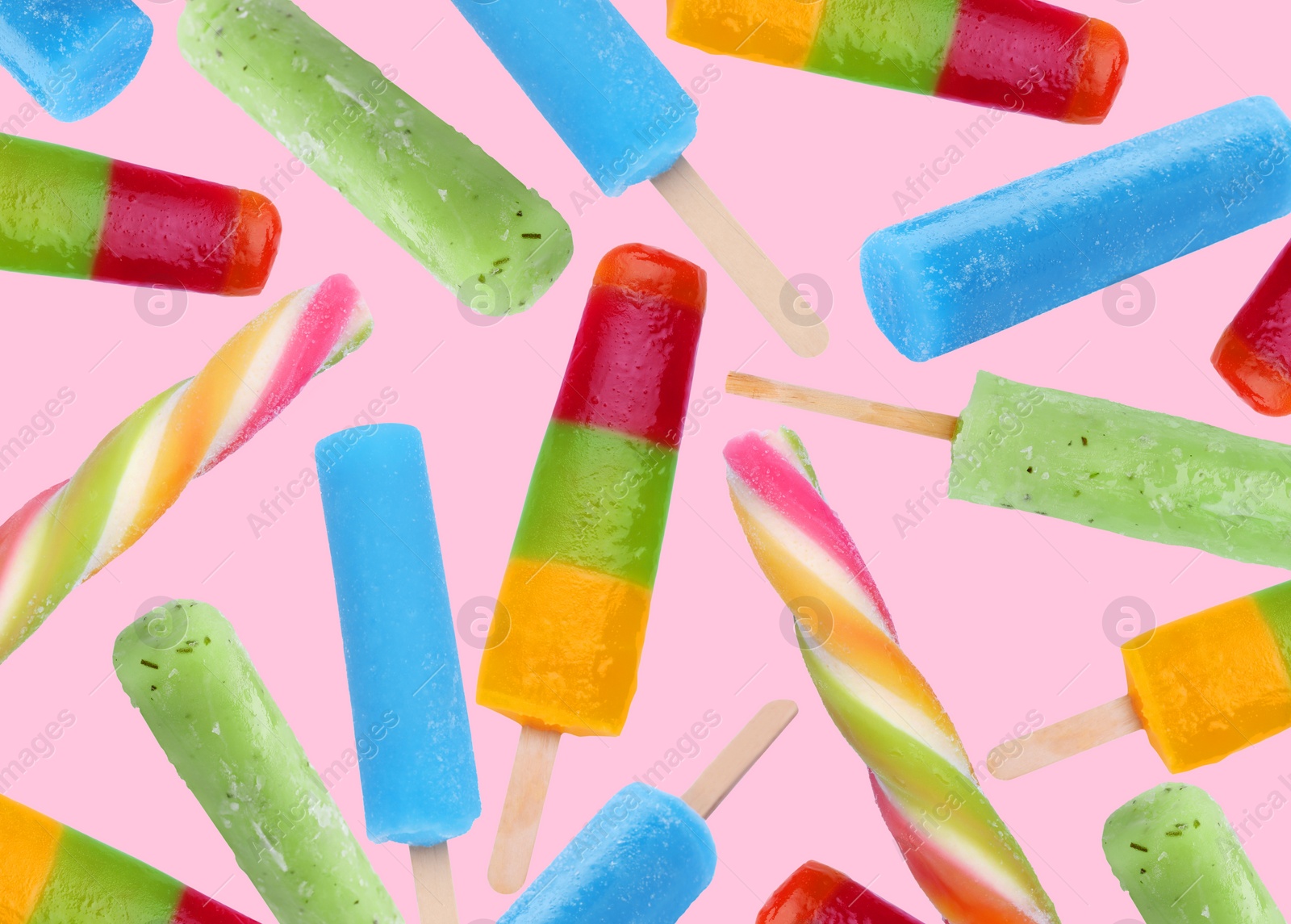 Image of Many different ice creams on pastel pink background, pattern design