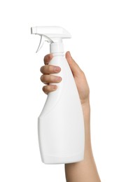 Photo of Woman holding plastic sprayer on white background, closeup
