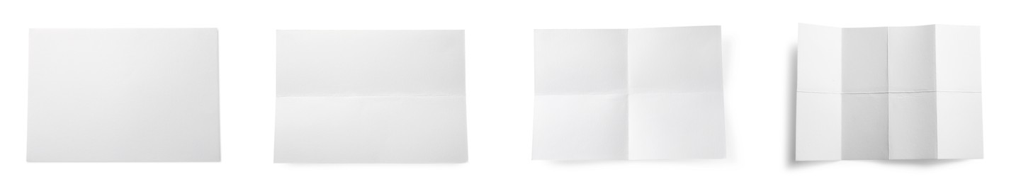 Image of Set with blank paper sheets on white background, top view. Banner design