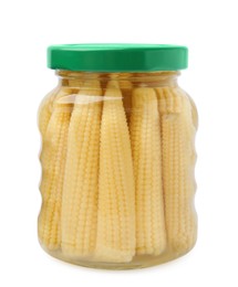 Jar of pickled baby corn isolated on white