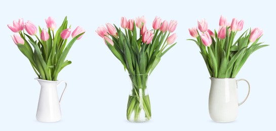 Image of Collage of stylish vases with beautiful tulip bouquets on light background. Banner design