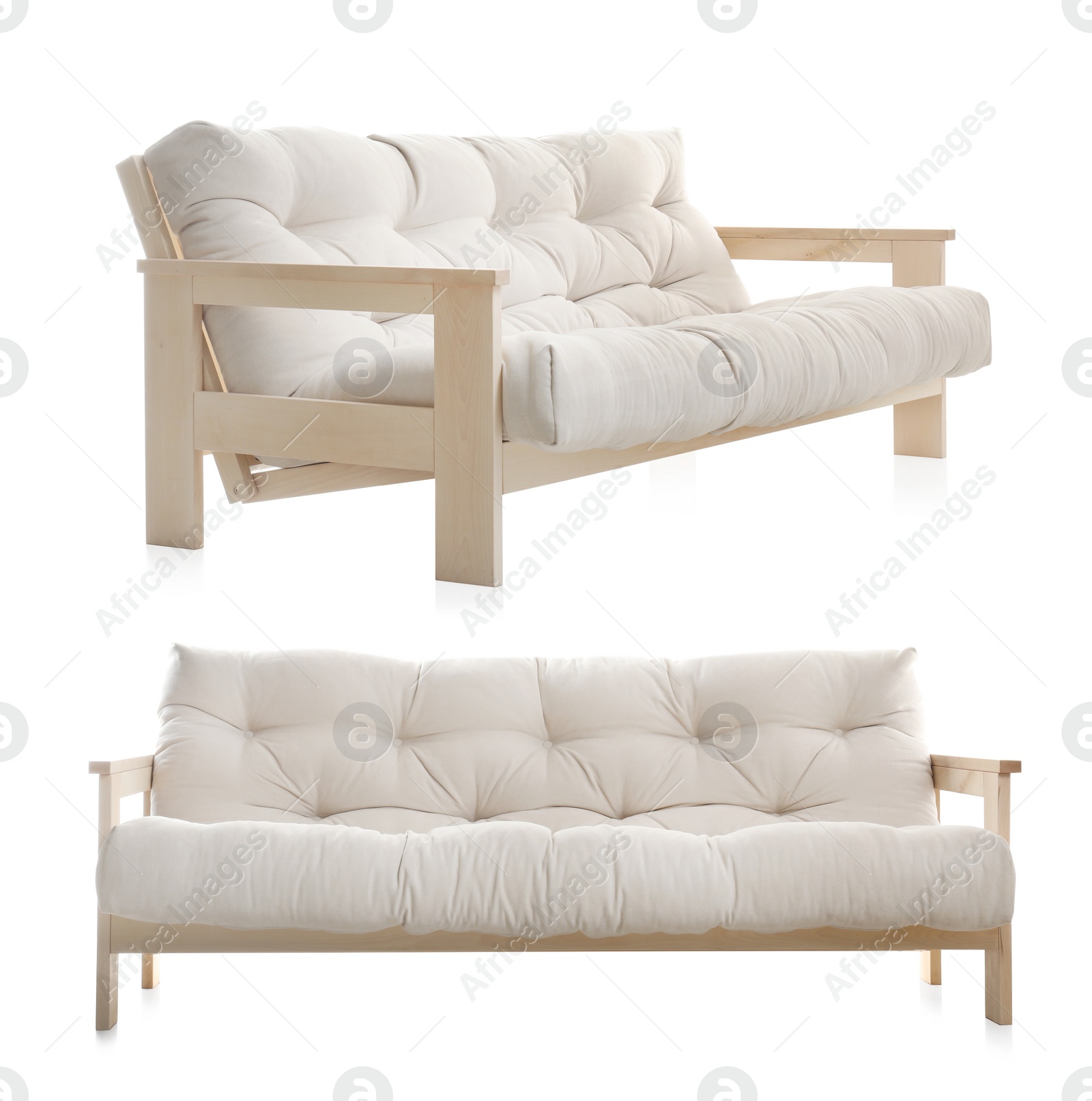 Image of Stylish comfortable light sofas on white background, collage