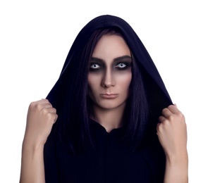 Mysterious witch with spooky eyes on white background