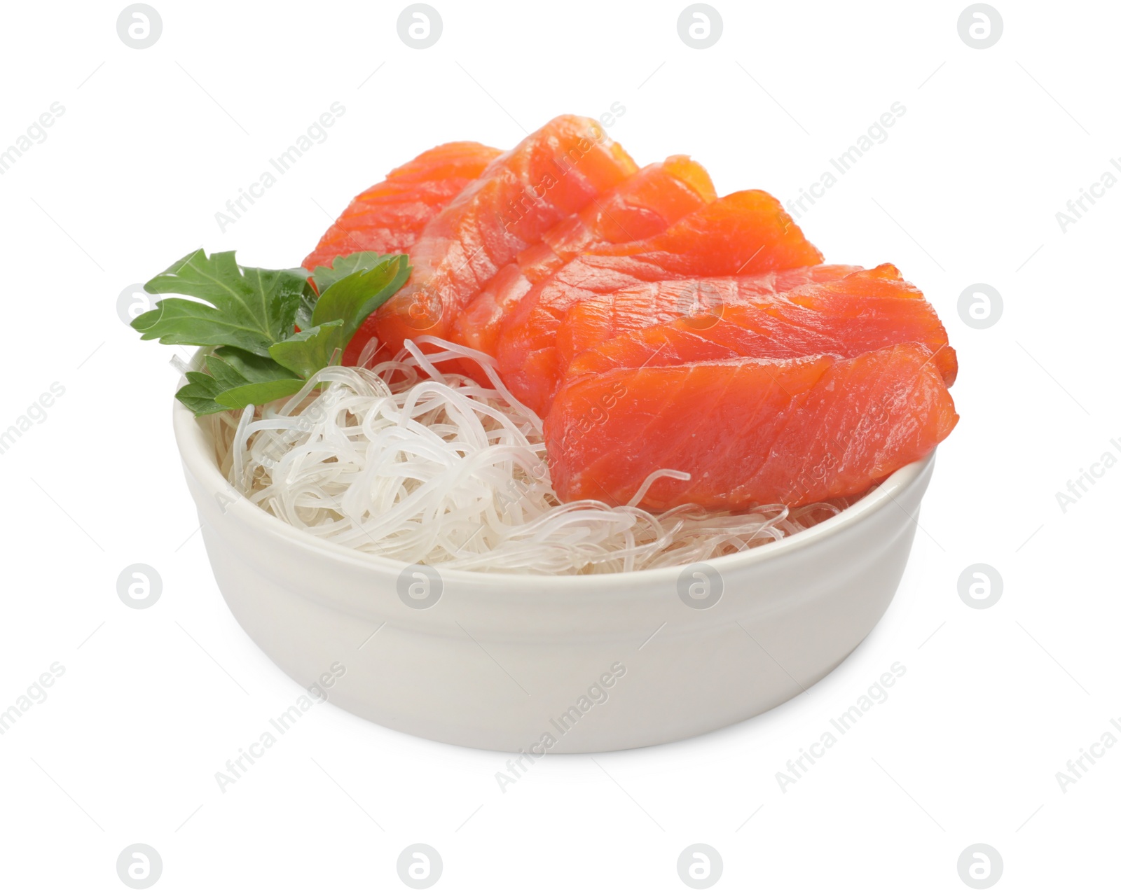 Photo of Delicious salmon sashimi served with funchosa and parsley isolated on white