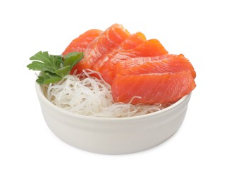Delicious salmon sashimi served with funchosa and parsley isolated on white