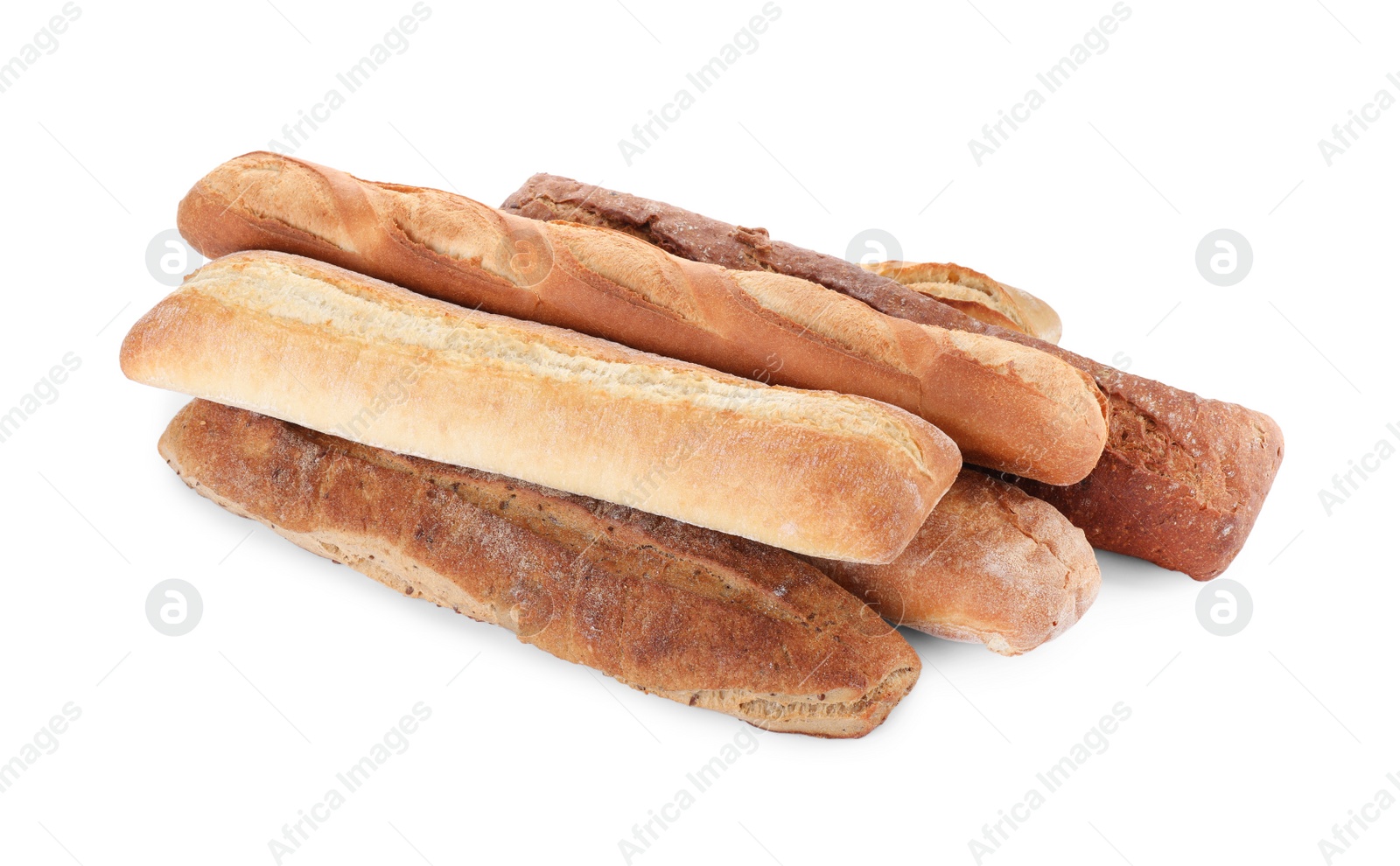 Photo of Different tasty baguettes on white background. Fresh bread