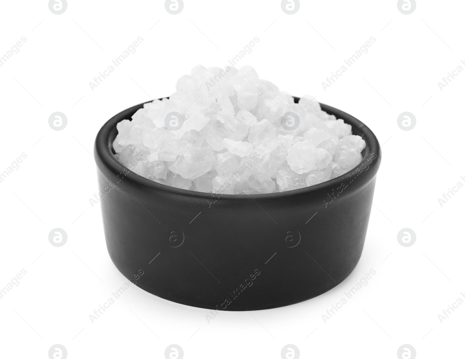 Photo of Bowl with natural sea salt isolated on white