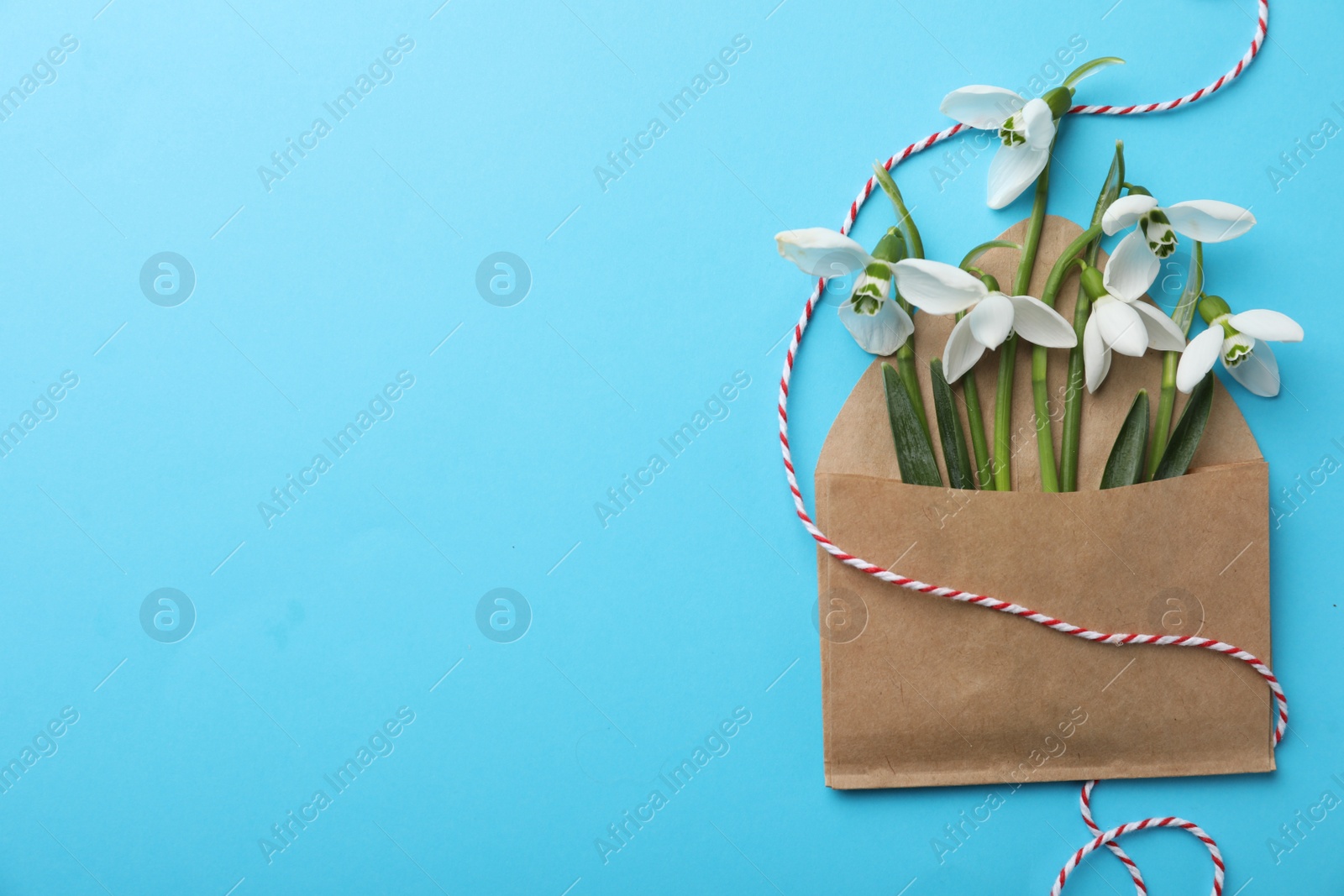 Photo of Beautiful snowdrops in envelope on turquoise background, flat lay. Space for text