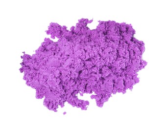 Pile of violet kinetic sand on white background, top view