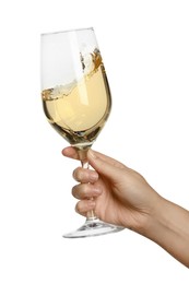 Woman with glass of wine isolated on white, closeup