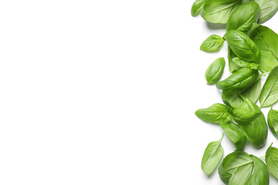 Photo of Fresh green basil leaves on white background, top view