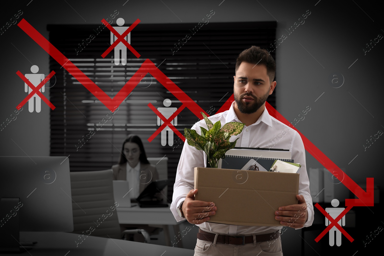 Image of Upset dismissed man carrying box with personal stuff in office