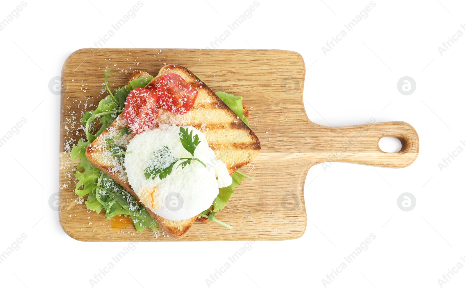 Photo of Delicious poached egg sandwich isolated on white, top view