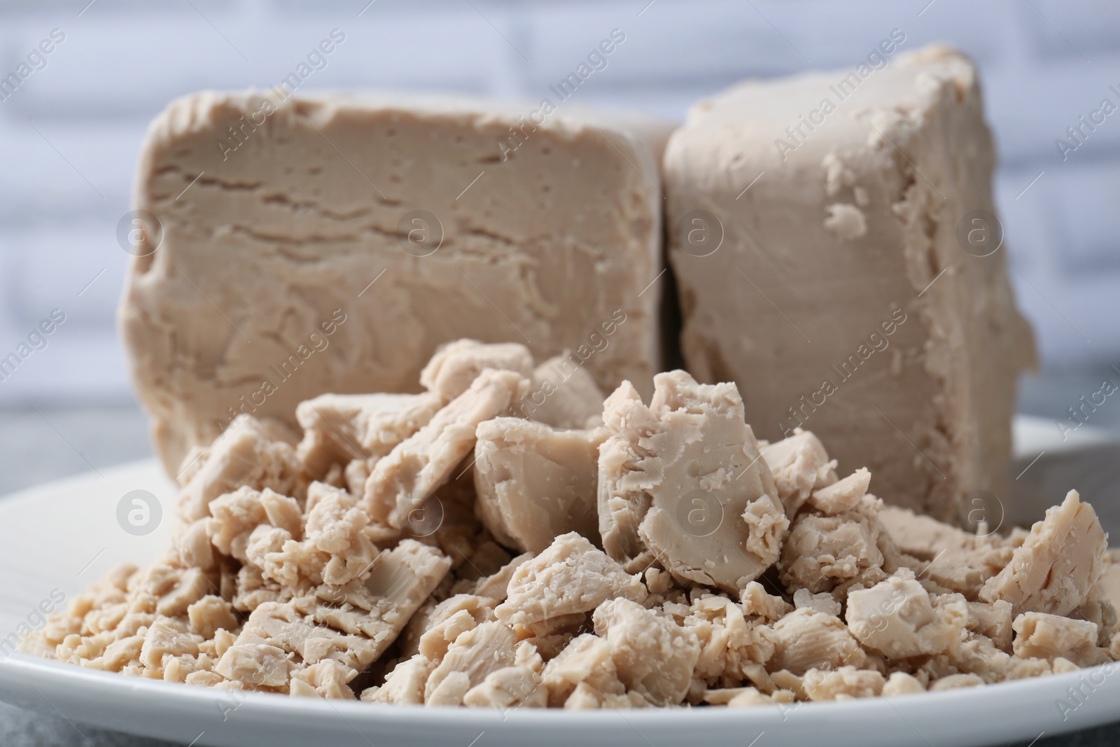 Photo of Closeup view of compressed yeast on white plate