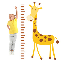 Image of Little girl measuring height and drawing of giraffe on white background