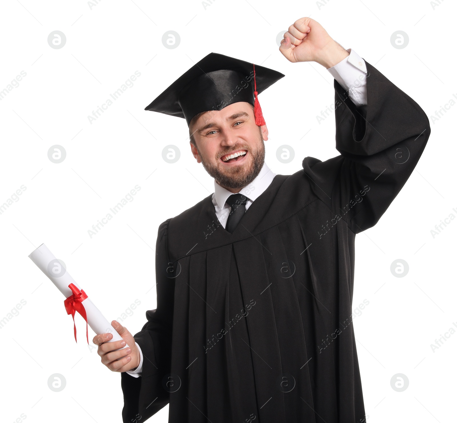 Photo of Emotional student with graduation hat and diploma on white background