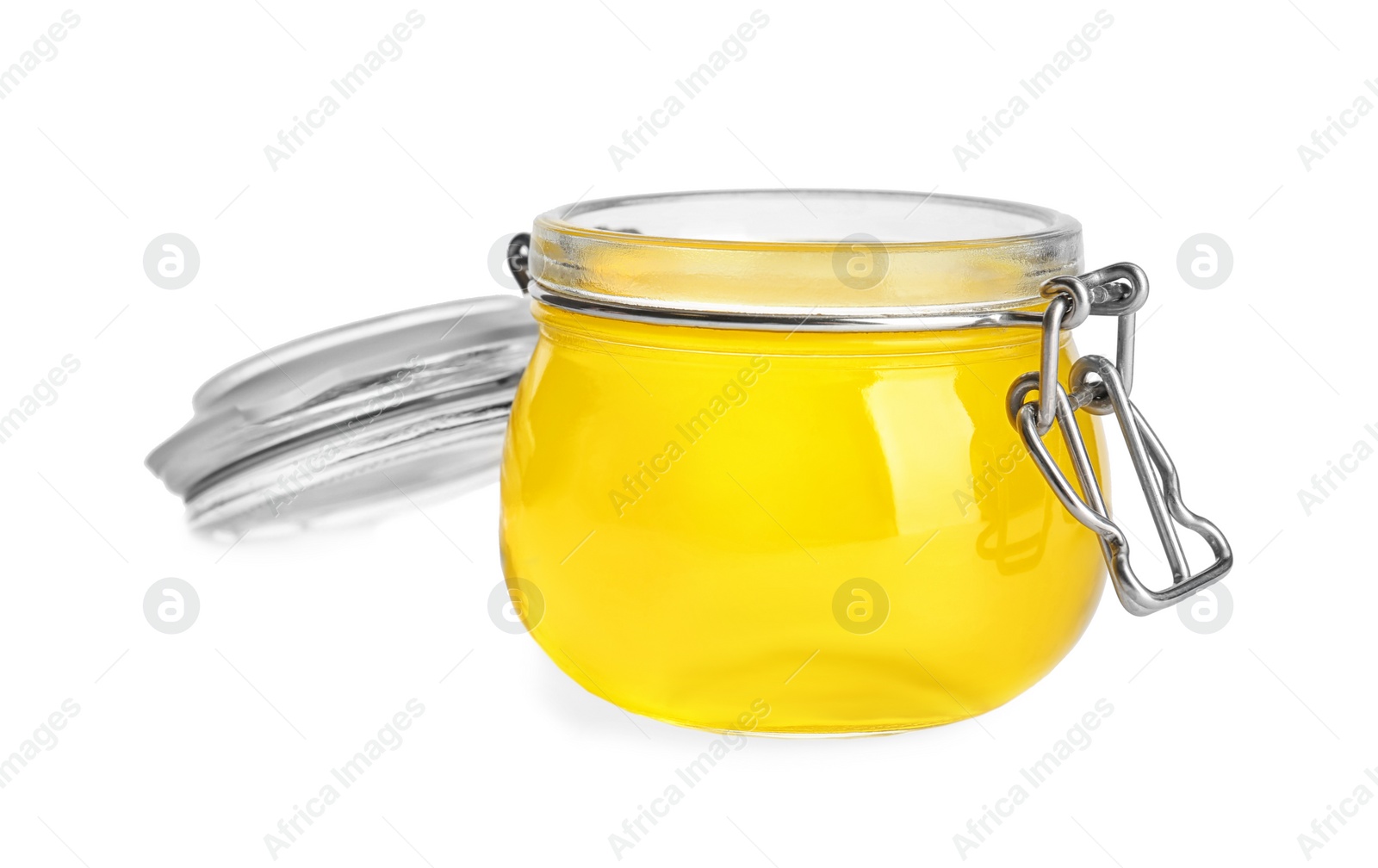 Photo of Tasty jelly dessert in glass jar on white background