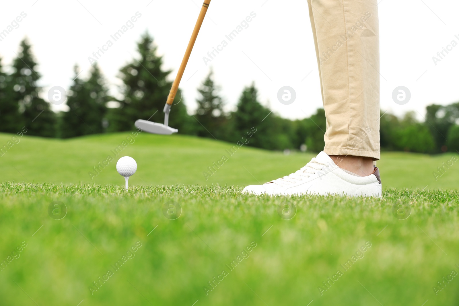 Photo of Man playing golf on green course. Sport and leisure