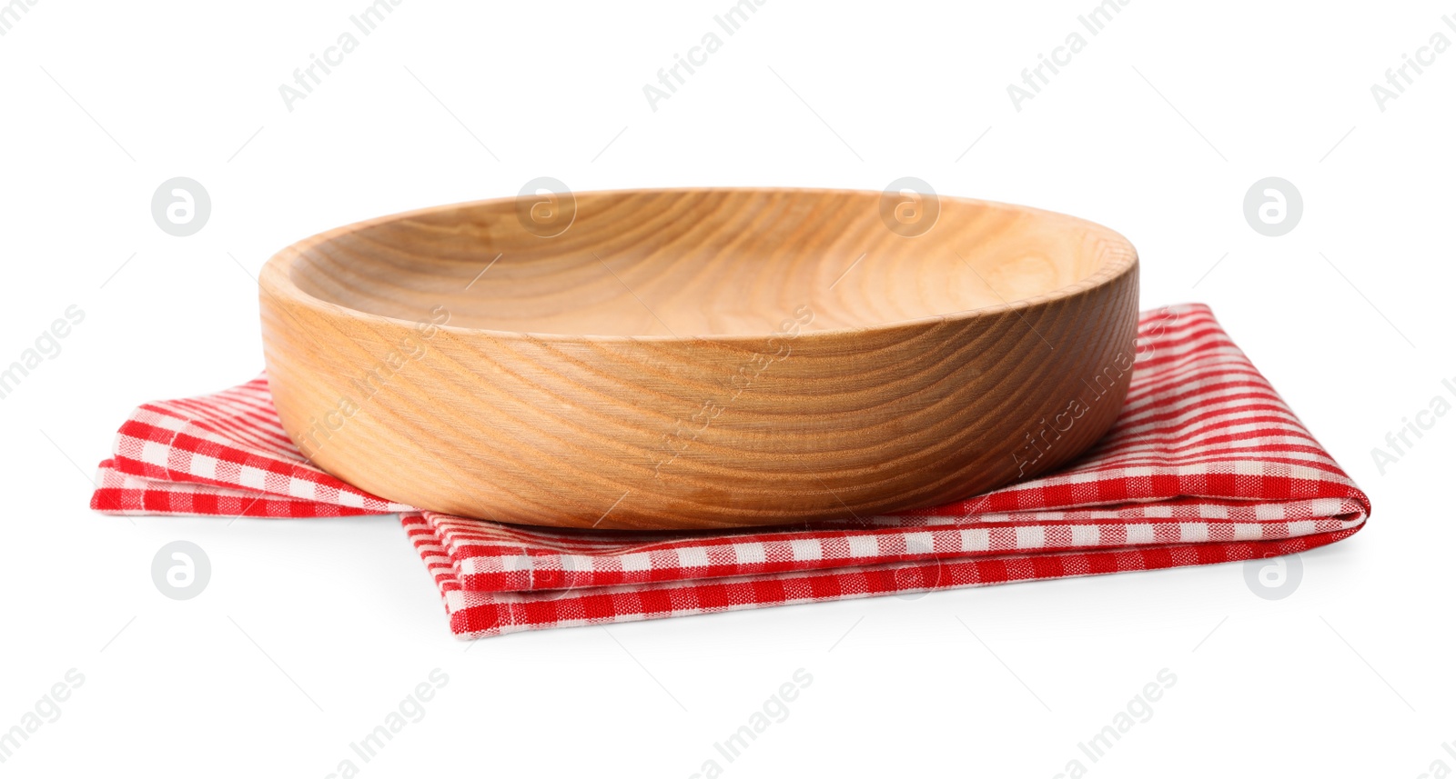 Photo of Empty wooden plate and checkered napkin isolated on white