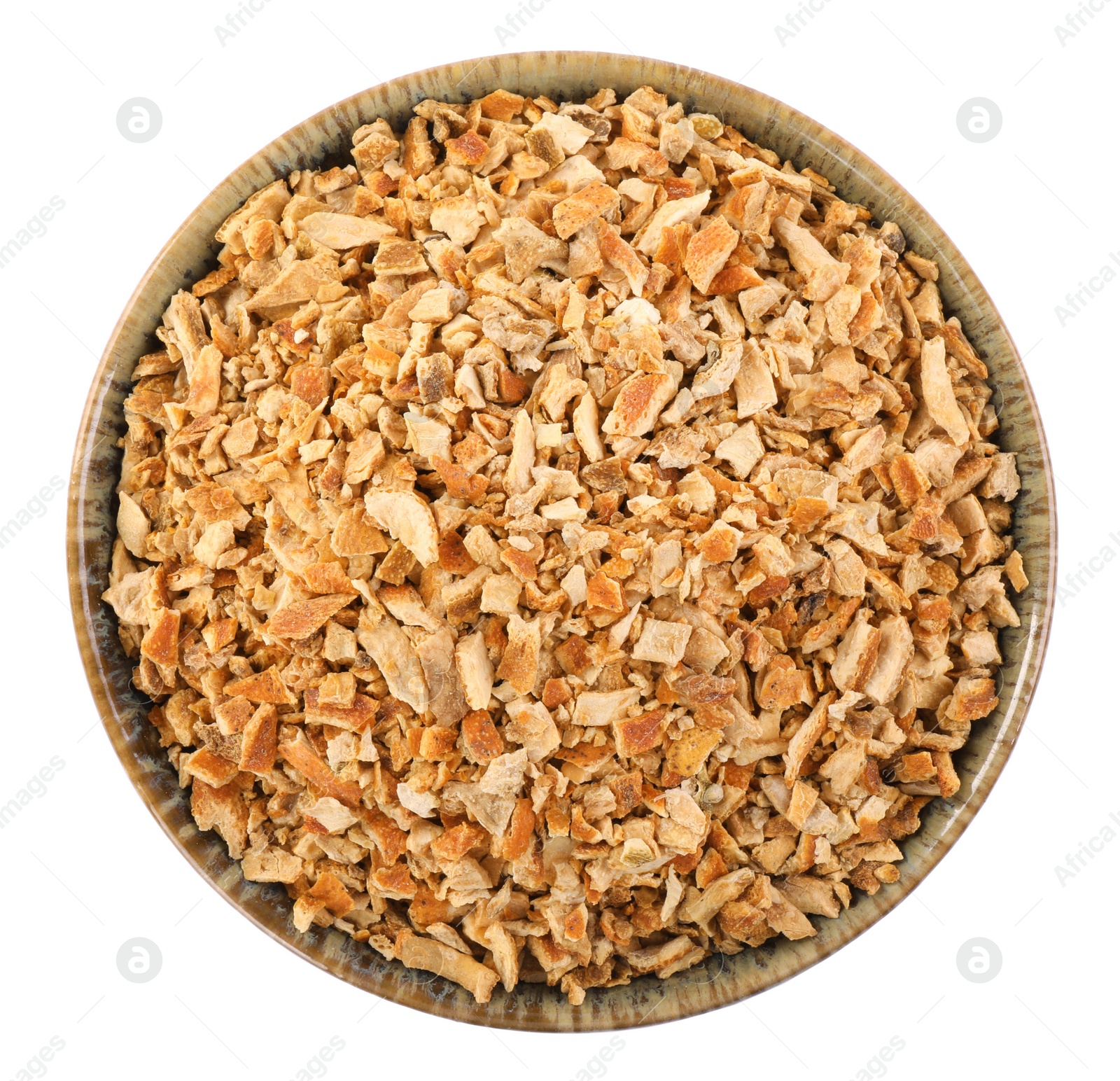 Photo of Bowl of dried orange zest seasoning isolated on white, top view