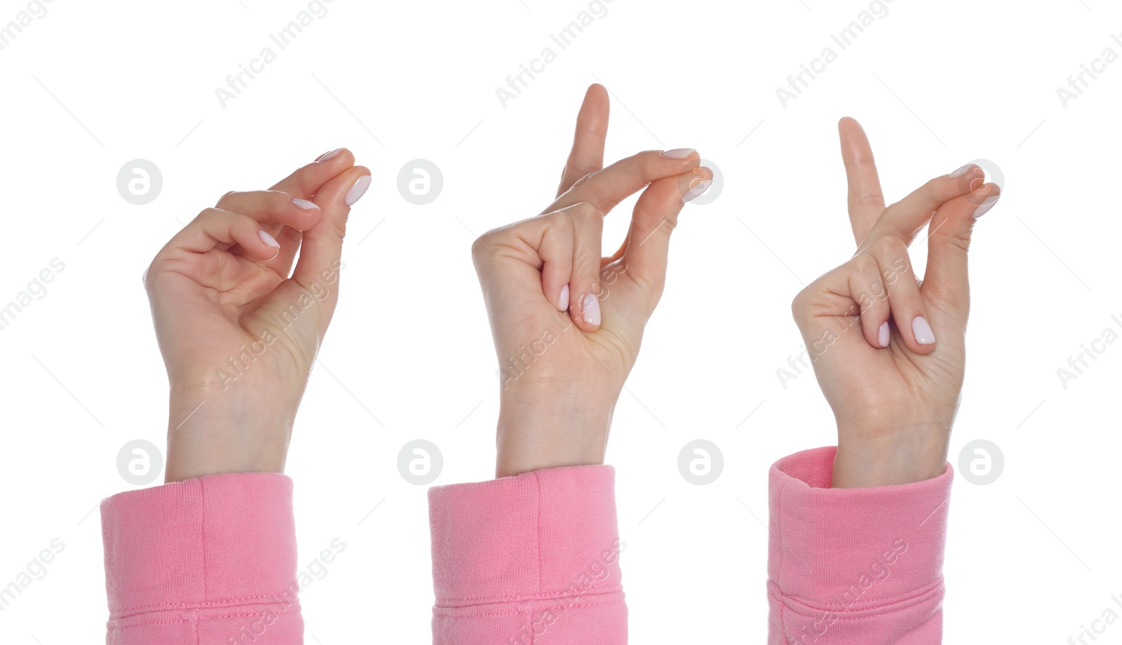 Image of Collage with photos of women snapping fingers on white background, closeup