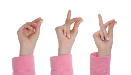 Image of Collage with photos of women snapping fingers on white background, closeup