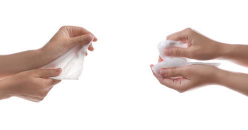 Image of Closeup view of people cleaning hands with wet wipes on white background