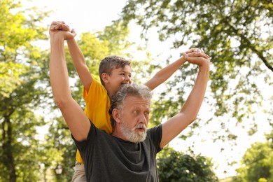 Senior man with his little grandson having fun together in park