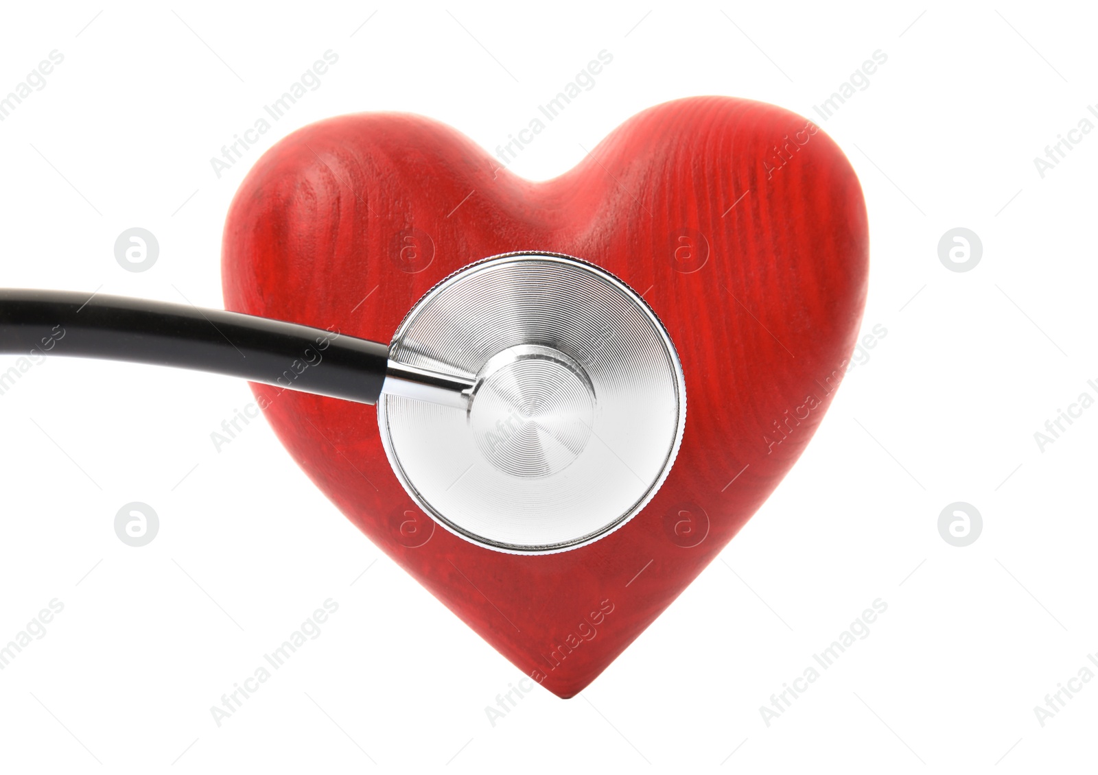 Photo of Red heart and stethoscope on white background, top view. Cardiology concept