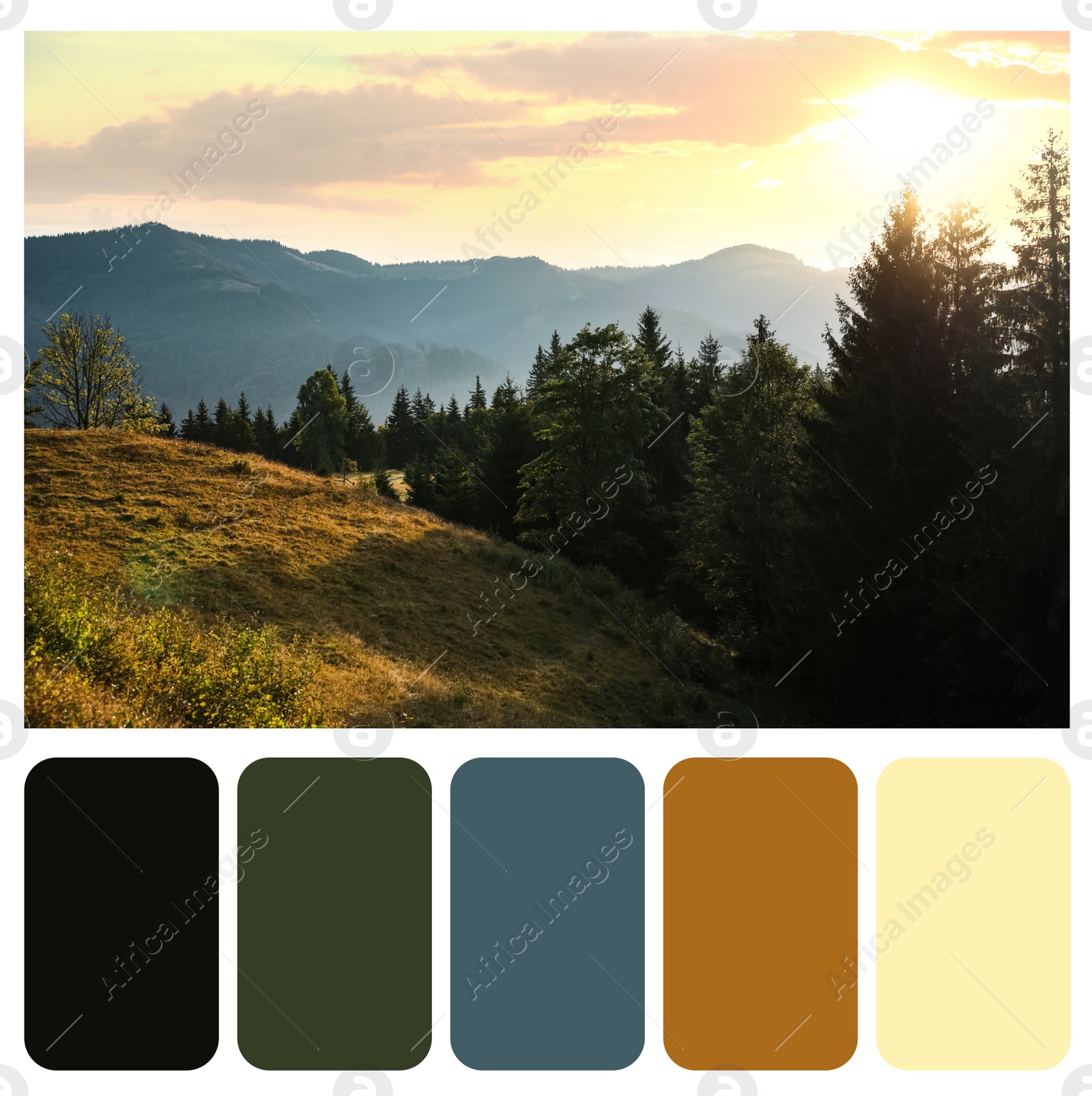 Image of Color palette appropriate to photo of beautiful mountain landscape in morning