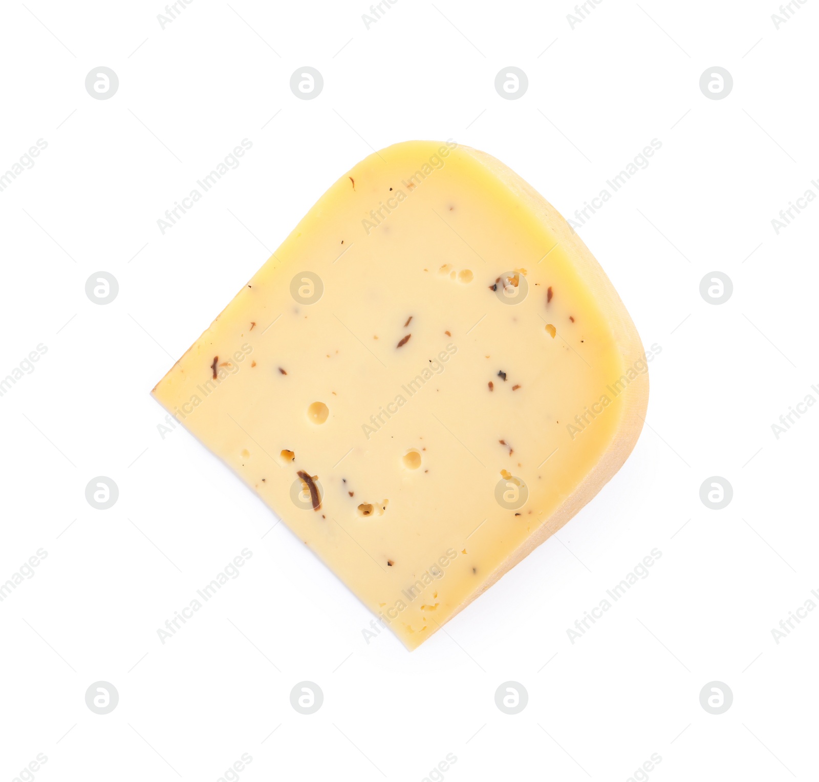 Photo of Piece of delicious truffle cheese isolated on white, top view