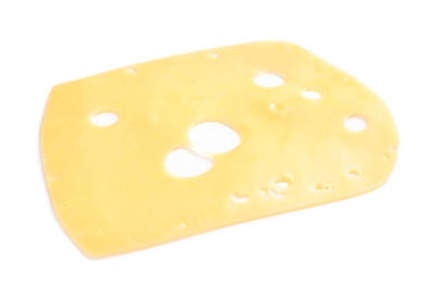 Photo of Slice of tasty maasdam cheese on white background