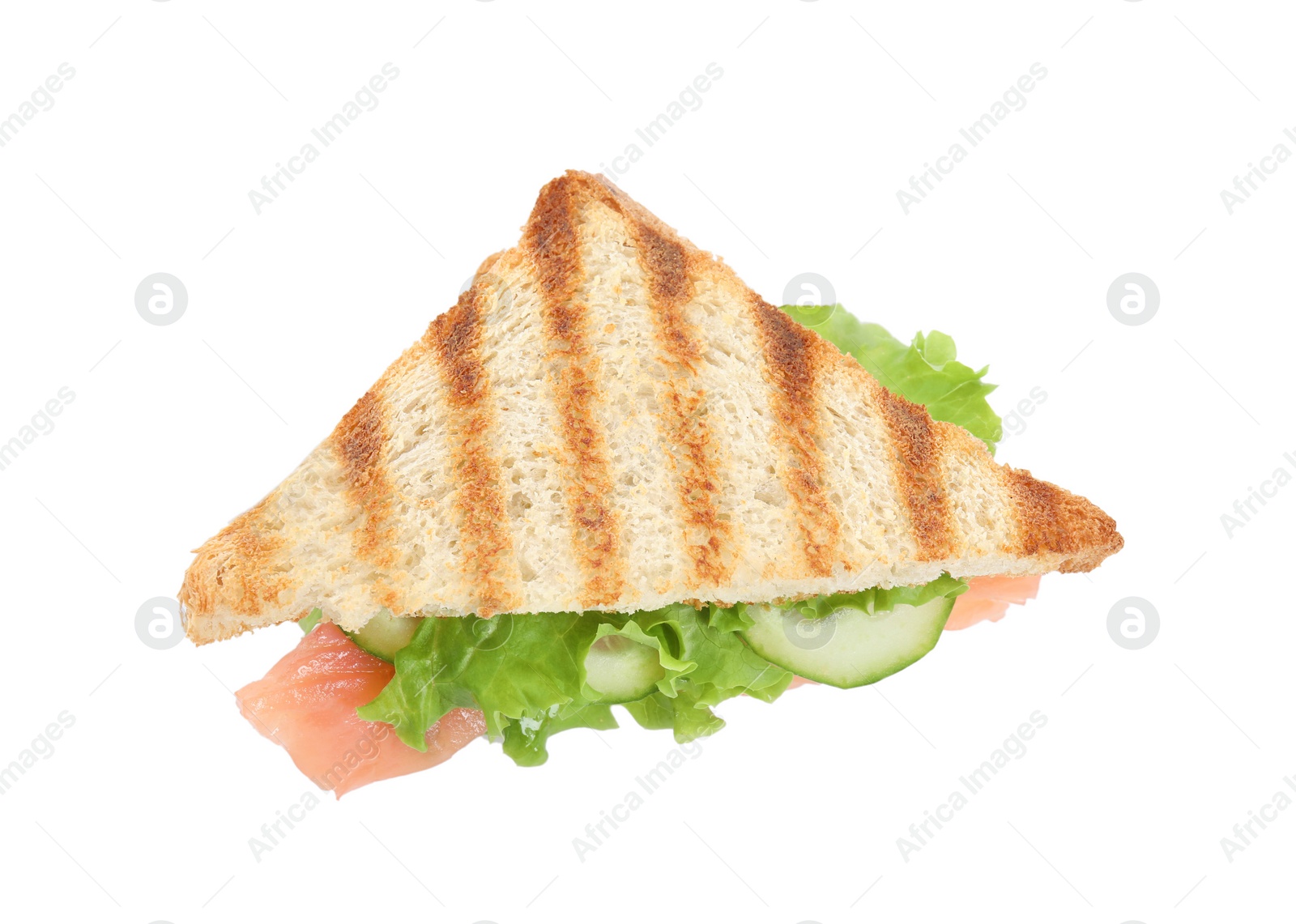 Photo of Tasty sandwich with salmon and cucumber isolated on white, top view