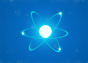 Virtual model of atom on blue background. Illustration
