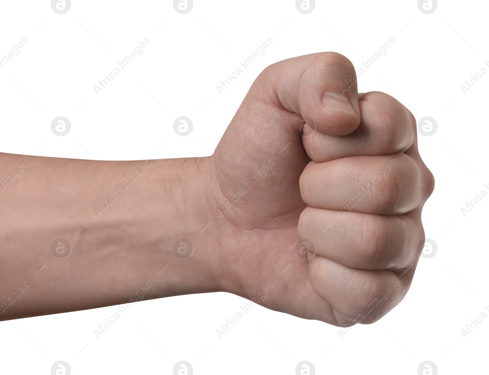 Photo of Man showing fist on white background, closeup