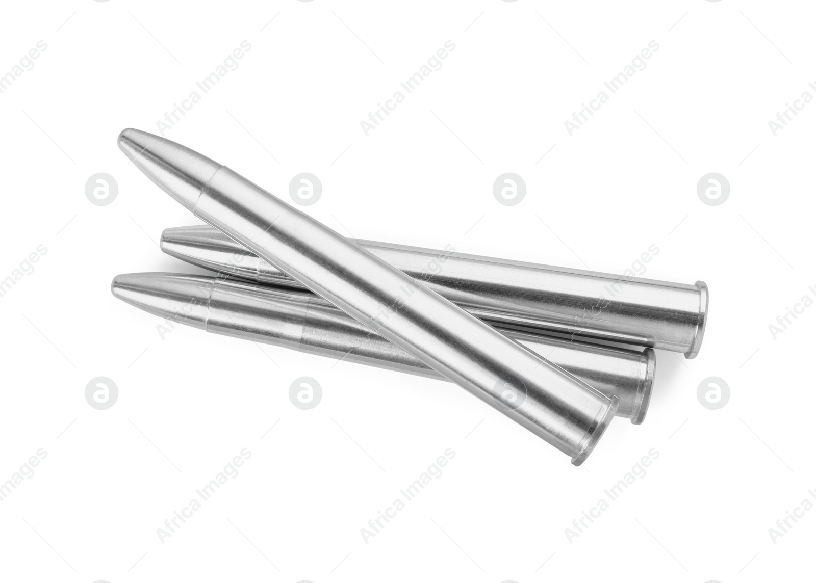 Photo of Metal bullets isolated on white, top view. Military ammunition