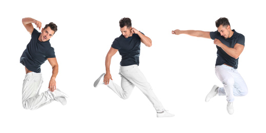 Image of Collage of emotional young man wearing fashion clothes jumping on white background