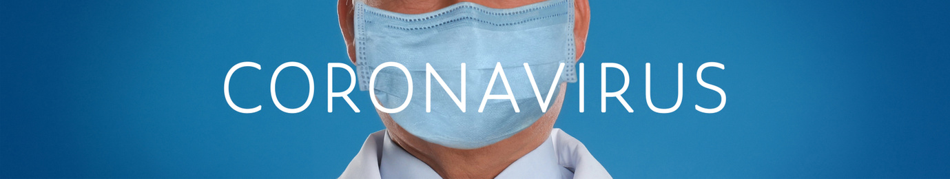 Medical worker wearing face mask on blue background, closeup. Coronavirus safety