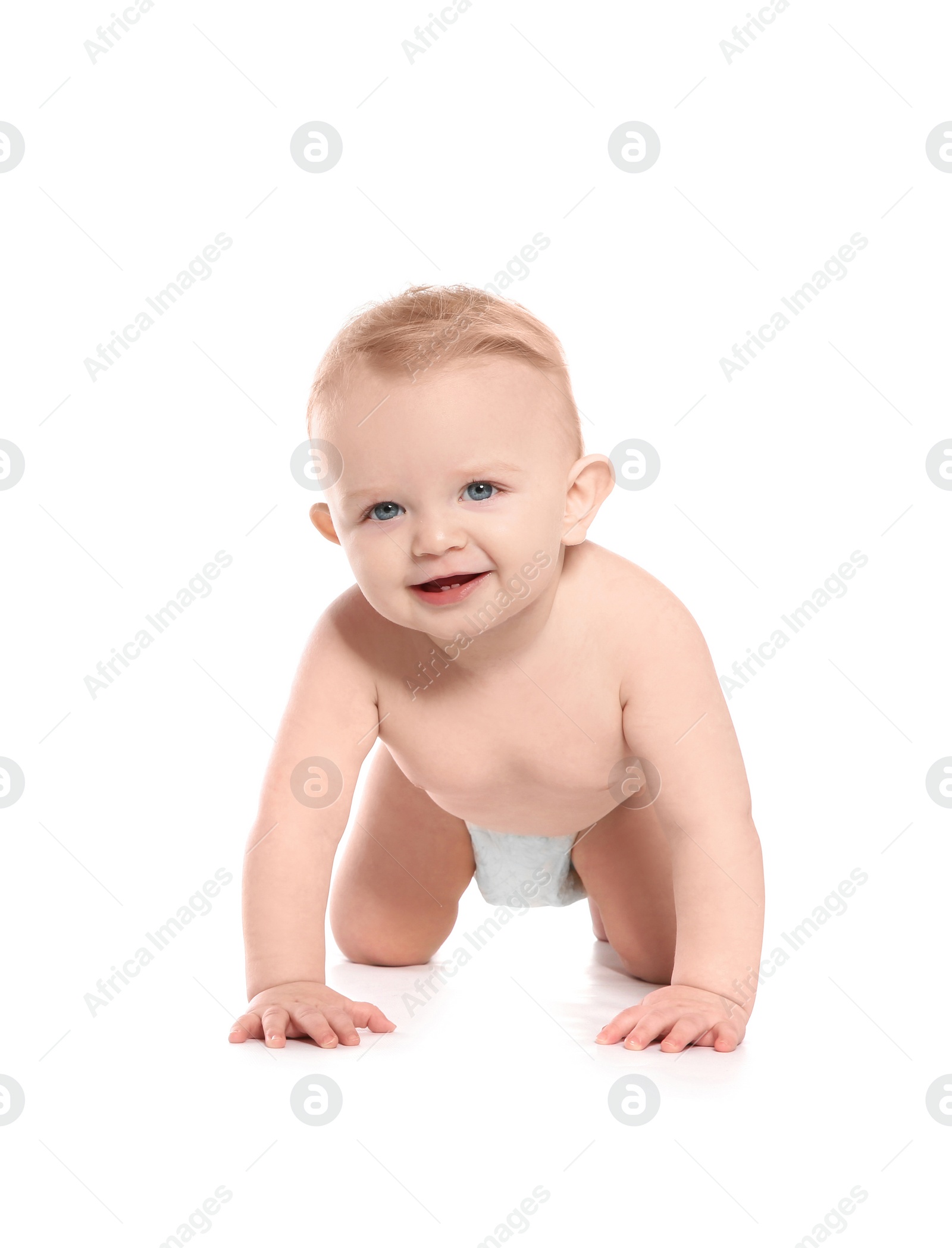 Photo of Cute little baby crawling on white background