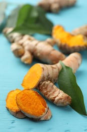 Photo of Cut turmeric roots on light blue wooden table, closeup
