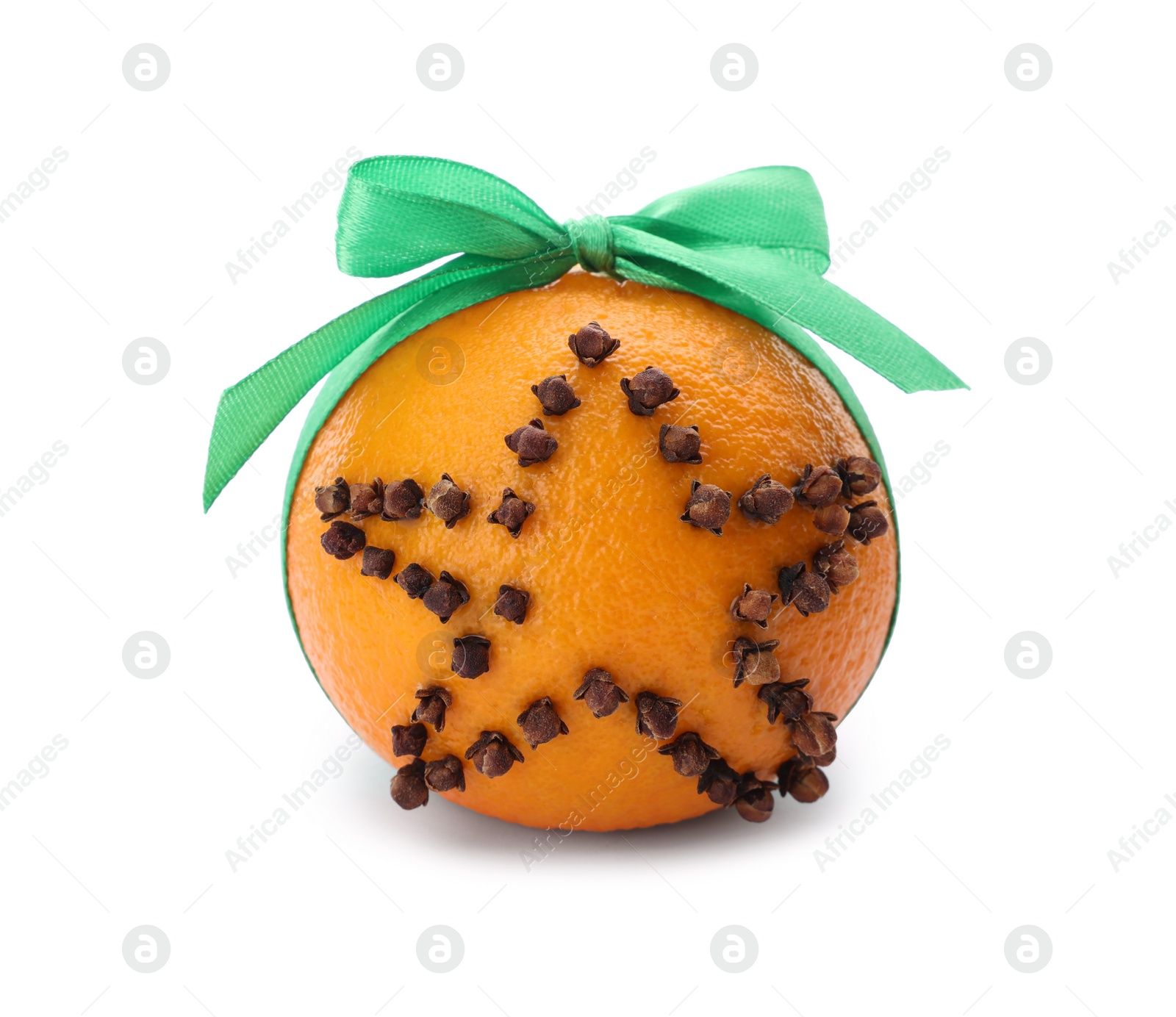Photo of Pomander ball with green ribbon made of fresh tangerine and cloves isolated on white